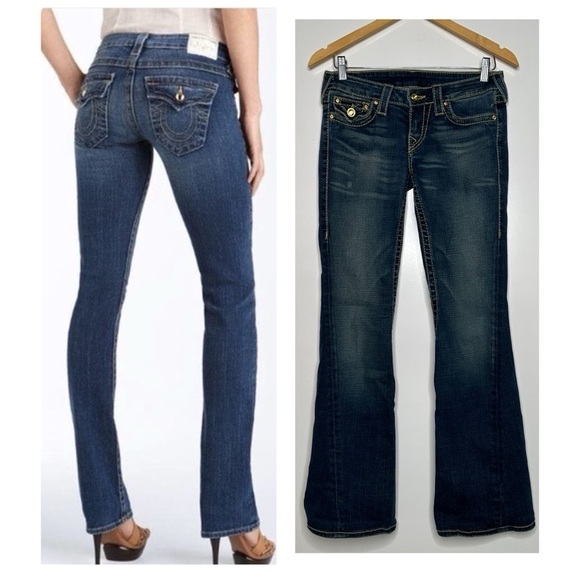True Religion Joey Big T Gold Disco Flap Pocket Low Rise Flare Jeans Size 27 - Picture 1 of 11